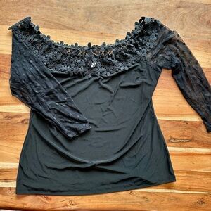VENUS Off The Shoulder Black Floral Lace Women's Blouse